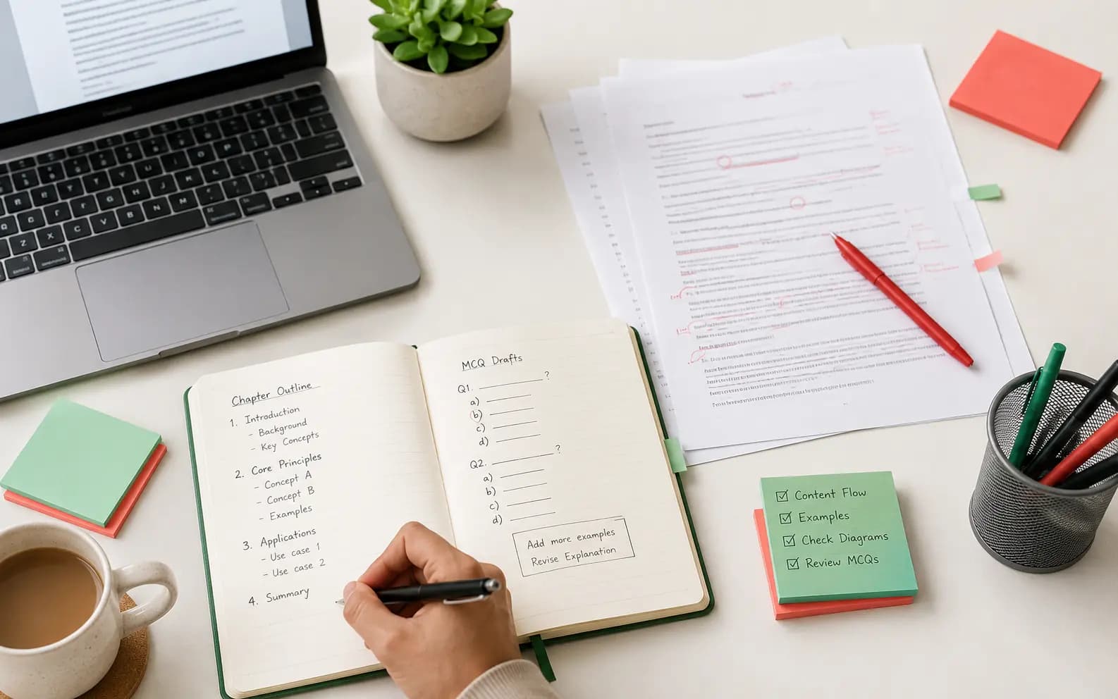 Educational content writer drafting a chapter outline and MCQ questions beside proofread manuscript pages marked in red